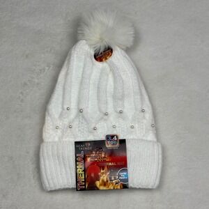 Heat‎ Trendz Thermal Knit Beanie Hat White Pearl Embellishment Pom Pom